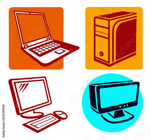 Colorful Computer Device Icons Set – Laptop, Desktop, Monitor, Tower Vector Art
