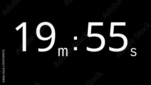 “Digital Countdown Timer from 20 to 19 Minutes on Black Background – 1-Minute Decrement Animation”