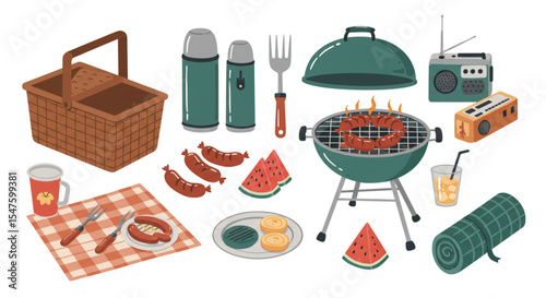 Flat vector illustration of summer camping and picnic objects ; basket, thermos, grill, sausages, watermelon slices, picnic mat, radio, and cold drinks - national barbeque day concept