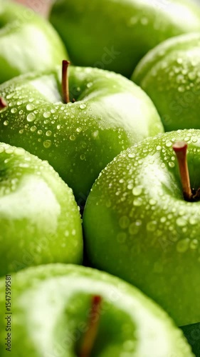 Crisp green apples in a vibrant, fresh close-up with water droplets on smooth skins, showcasing their stems and healthy appeal.