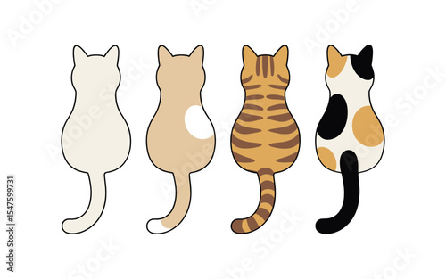 Four Feline Friends: A charming illustration showcases four uniquely colored cats, each posed with their backs towards the viewer, revealing a delightful array of patterns and textures.
