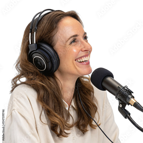 A smiling woman with headphones and a microphone recording a podcast in a studio setting