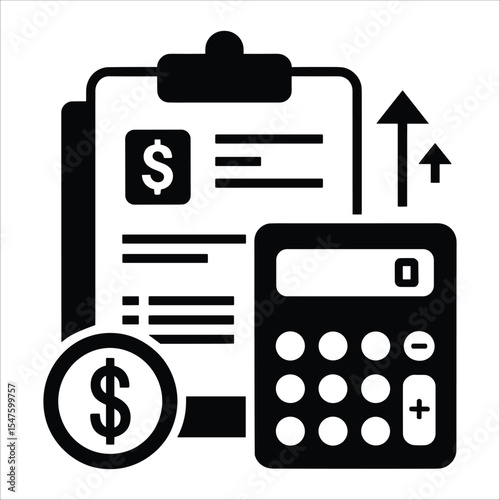 Financial Growth Icon: A minimalist graphic, embodying the core elements of financial planning and success, it depicts a detailed presentation. The calculator signifies calculations.