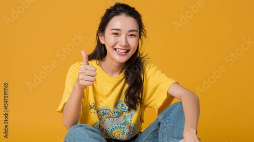 Asian woman thumbs up big smile wearing graphic t shirt and jeans sitting against bold yellow background casual youthful energetic style