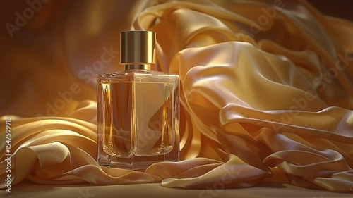 Perfume bottle surrounded by flowing golden silk fabric with glowing highlights luxury product ad soft light rich textures luxury glowing highlights
