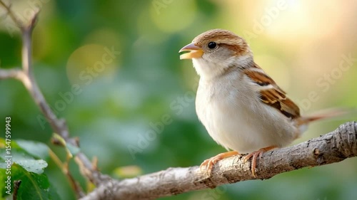 Small bird perched on dry branch with soft morning light and green bokeh nature background creating peaceful wildlife scene