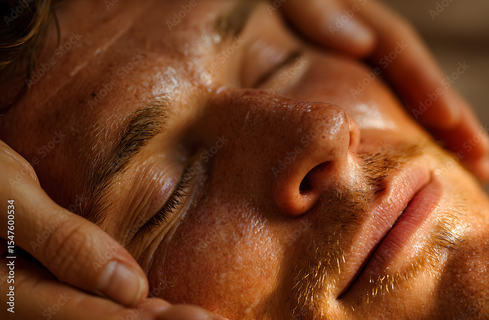 Naklejka premium Handsome man receiving facial massage at luxury spa. Masseuse hands on male face during spa treatment. Male beauty, skin care therapy. Relaxing, health, well-being concept.