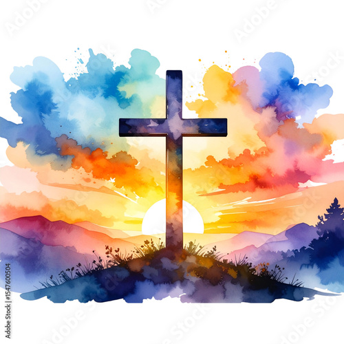 Christian Cross Silhouette at Dusk with Soft Watercolor Blends of Orange, Pink, and Purple.