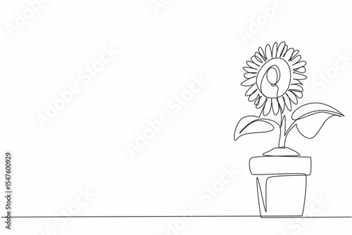 Single continuous line drawing sunflower plants planted in pots. Cultivation. Sunflower seeds become snacks. Bud. International Sunflower Guerilla Gardening Day. One line design vector illustration
