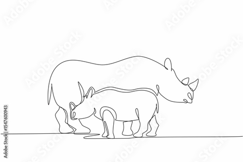Single continuous line drawing mother rhino and baby rhino standing in opposite directions. Looking for fruit. Foraging season. Pachyderm. Save the Rhino Day. One line design vector illustration