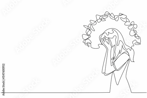 Single continuous line drawing a woman cover face with both palms with around head tangled thread. Heartache. Prolonged stress. National Anxiety Screening Day. One line design vector illustration