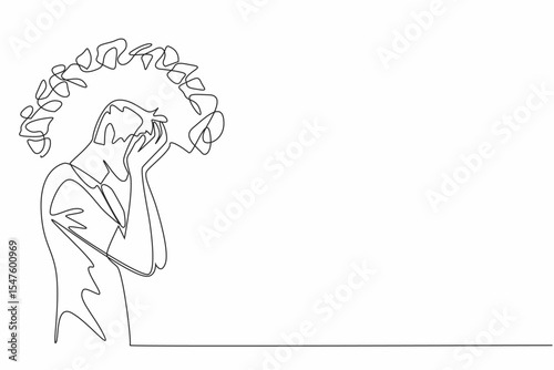 Single one line drawing man cover face with palm with around head tangled thread. Tangled mind. Mentally tired. Fatigue. National Anxiety Screening Day. Continuous line design graphic illustration