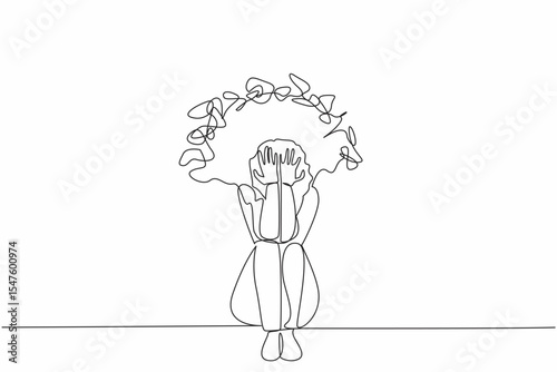 Single one line drawing woman sit on the floor cover face, pull hair with both hands. Mental illness. Psychological fatigue. National Anxiety Screening Day. Continuous line design graphic illustration