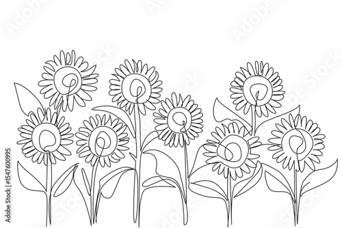 Continuous one line drawing garden contains many sunflowers. The view is pleasing to eye. Refreshing mind. International Sunflower Guerilla Gardening Day. Single line draw design vector illustration