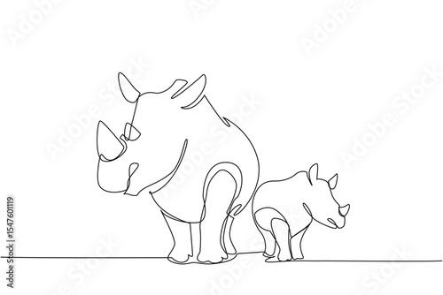 Single one line drawing mother rhino and baby rhino standing side by side and looking to the side. Observing the green safari. Habitat. Save the Rhino Day. Continuous line design graphic illustration