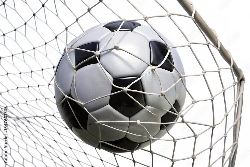 Naklejka premium Black and white soccer ball in a white goal net against a background of colorful digital noise A I G E N E R A T E D - P N G isolated on a transparent background