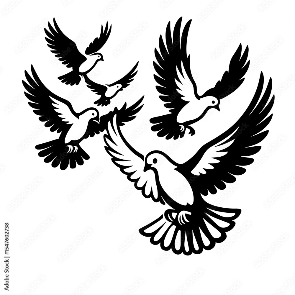 Flying Doves with Spread Wings in Graceful Monochrome Bird Illustration
Flying Doves with Spread Wings in Graceful Monochrome Bird Illustration