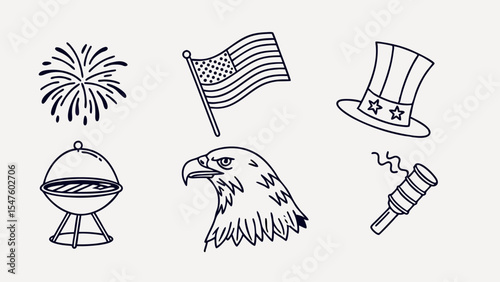 Independence Day Icon Set – Outline Style USA Icons with Firework, Flag, Liberty Bell, Eagle, Hat, Grill, Rocket