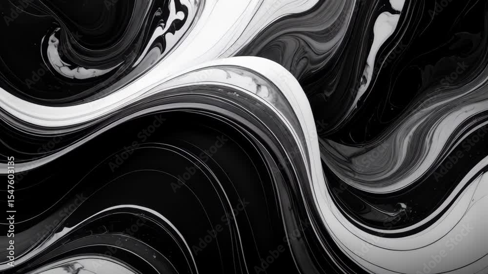 Abstract monochrome background featuring flowing, swirling, and intertwining black and white liquid patterns with a marbled texture effect