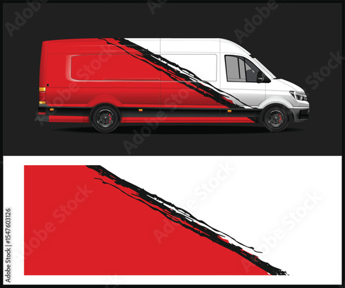 Modern sports car with two tone red and blue paint scheme on a bold red and white background