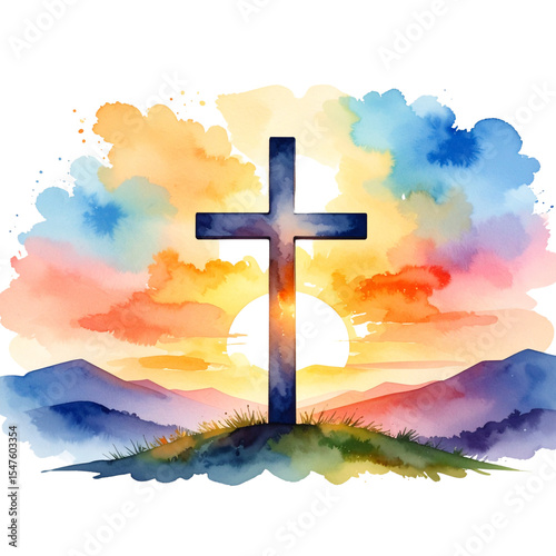  Inspirational Watercolor Sunset with Cross Silhouette, Symbol of Faith and Hope.