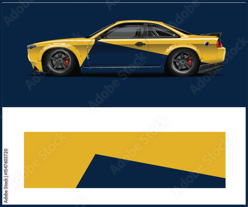 Modern sports car with two tone red and blue paint scheme on a bold red and white background