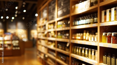 Neatly stocked retail aisle with warm lighting, showcasing organized products. A welcoming shopping experience with focus on product presentation.