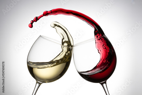 Red and white wine splashing together in mid air