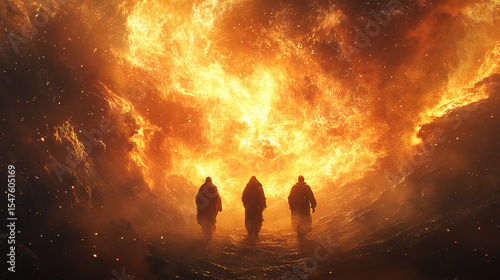 Shadrach, Meshach, and Abednego in the fiery furnace, depicted within a swirling nebula, highlighting their faith amidst trials, with copy space