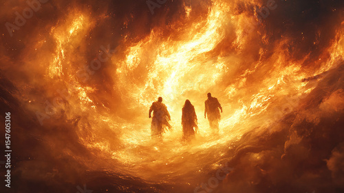 Shadrach, Meshach, and Abednego in the fiery furnace, depicted within a swirling nebula, highlighting their faith amidst trials, with copy space