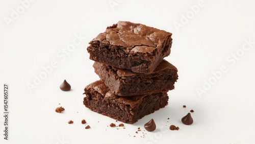 A stack of chocolate brownies on white background, homemade bakery and dessert. Bakery, confectionery concept