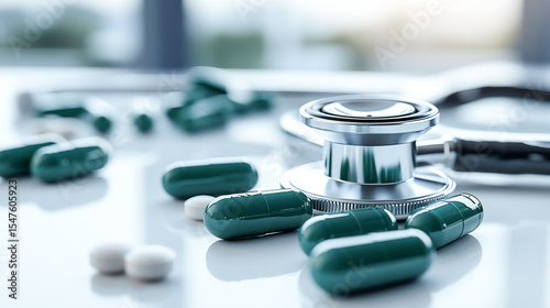 Stethoscope with four green antibiotic capsule pills on white table. Antimicrobial drug resistance and overuse. Medical equipment for doctor. Global healthcare. Antibiotic drug use with reasonable