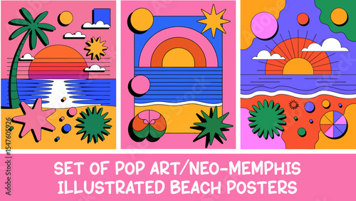 Set of pop art neo memphis beach poster flyers prints eps