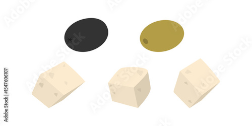 Black and Green Olives and Variation Cheese cubes Healthy Food Ingredients Sticker Icon Elements Set