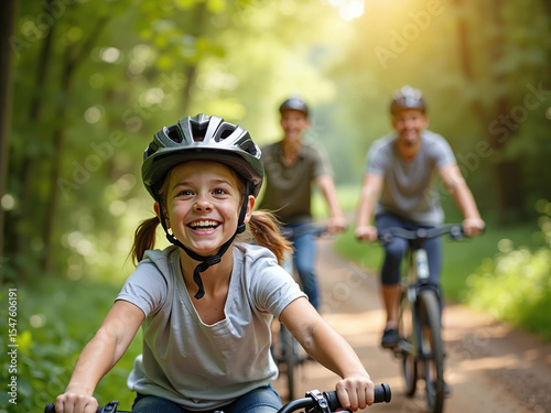 Parents and Children Riding Bikes in Nature on a Sunny Day