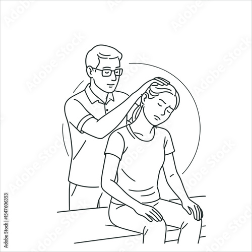 Chiropractor assessing a patient's neck pain in a clinic setting Minimalist Editable Vector