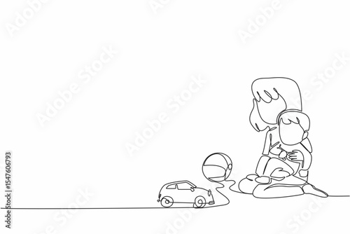 Single continuous line drawing older sister sitting on the floor and holding younger brother. Sibling harmony. Playing together. National Brothers and Sisters Day. One line design vector illustration