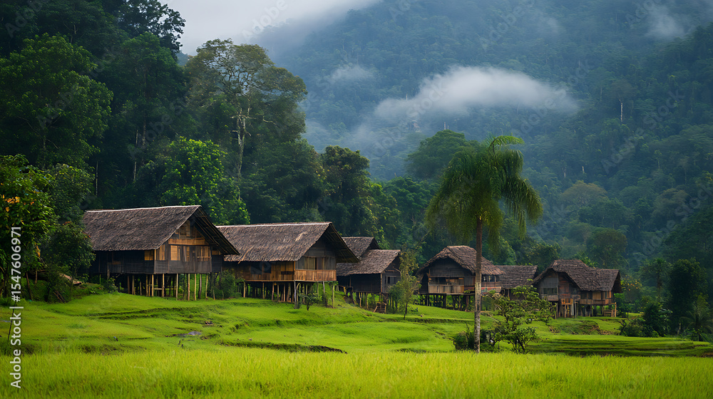 Fototapeta premium Traditional longhouses nestled in the highlands of Sarawak (1)