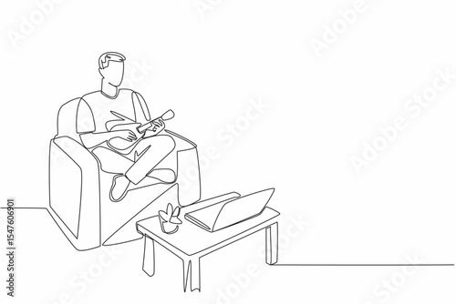 Single continuous line drawing man sit cross legged on sofa playing ukulele looking at laptop screen. Learn to play ukulele online. National Play Your Ukulele Day. One line design vector illustration