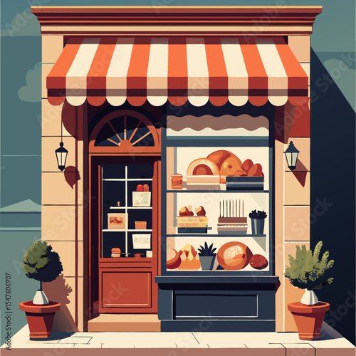 Flat Illustration of Bakery Storefront with Displayed Pastries and Cozy Exterior Design

