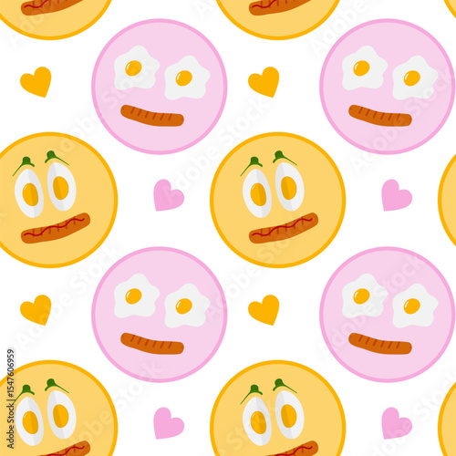 Hand Drawn Fried Eggs and Boiled Eggs Grilled sausage Seamless Pattern Morning Motivation Background