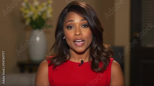 A woman wearing a red dress sits at a news desk and speaks to the camera