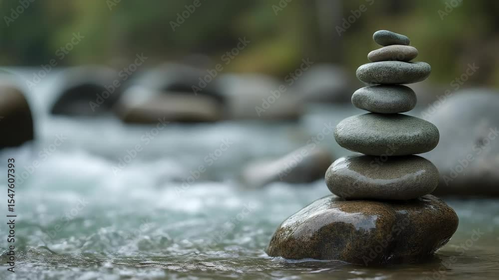A pile of rocks is balanced precariously on the edge of a flowing river. A pile of rocks is balanced precariously on the edge of a flowing river.