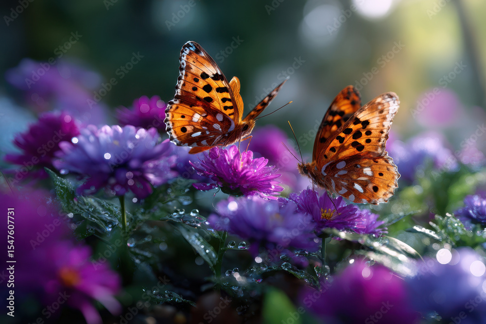 Obraz premium Butterflies fluttering among colorful flowers in a vibrant garden setting during daytime