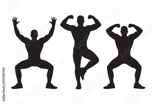 Muscular men posing in silhouette on white background