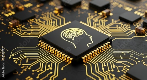 Artificial intelligence microchip with golden brain icon on circuit board. Cyber mind and machine learning concept. Future technology.