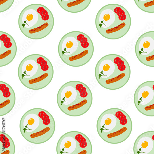 Fried Egg Tomatoes cilices and Grilled sausage on plate Seamless Pattern Breakfast Food Poster Fond