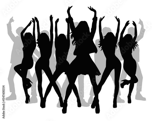 Silhouette of female idol group, group of beautiful women dancing and partying, icon isolated on white background
