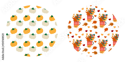 Pumpkins and Autumn leaves Composition in cup Seamless Pattern on Circle Backdrop Seasonal Fond Set