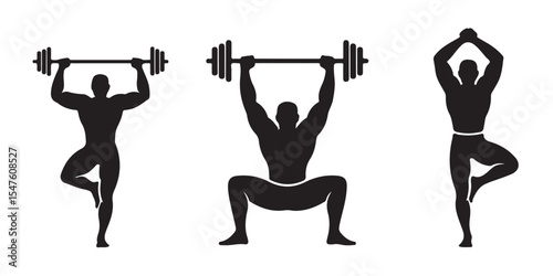 Silhouettes of weightlifting and yoga exercise poses